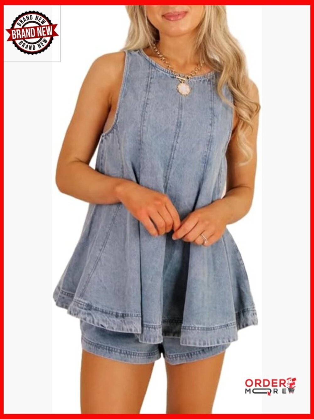 Denim 2 Piece Set Sleeveless Crew Neck Pleated Top Loose Shorts Lounge Jean Set